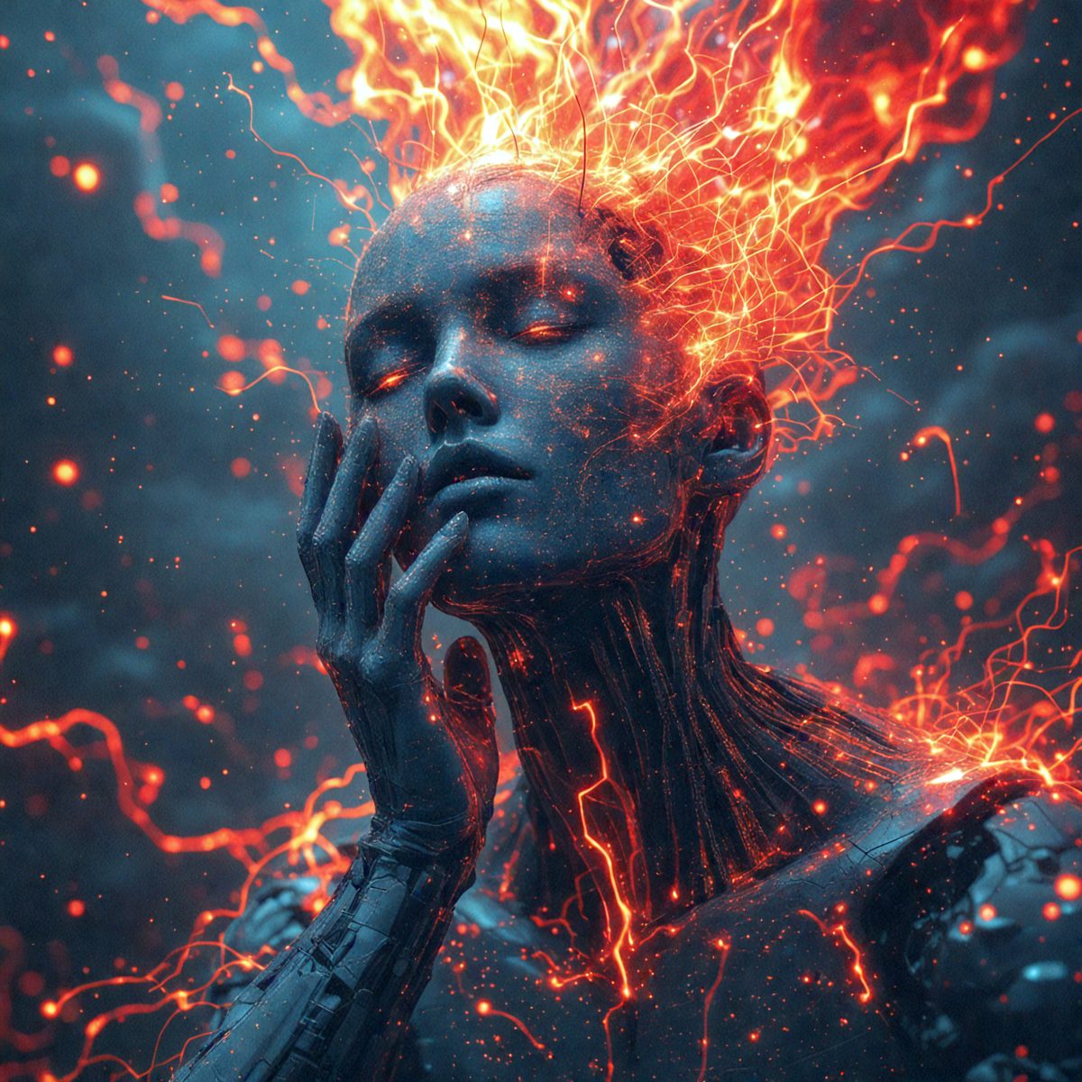 The primary subject of the image is a woman with a fiery, glowing head. She is surrounded by a blue background, which adds to the overall atmosphere of the scene. The visual style of the image is digital art, as it appears to be a computer-generated or digitally manipulated image. The colors and mood of the image are predominantly blue and fiery, creating a striking and unique visual effect.